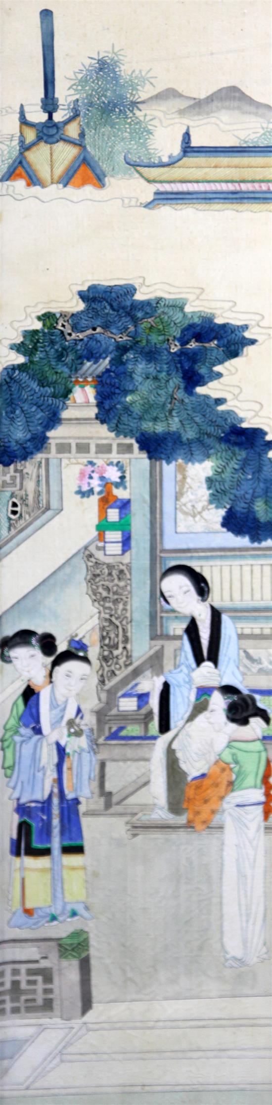 A set of four Chinese paintings on silk, early 20th century, 85cm x 21cm